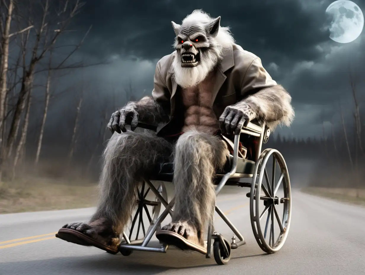 Old Wolfman riding in a wheel chair