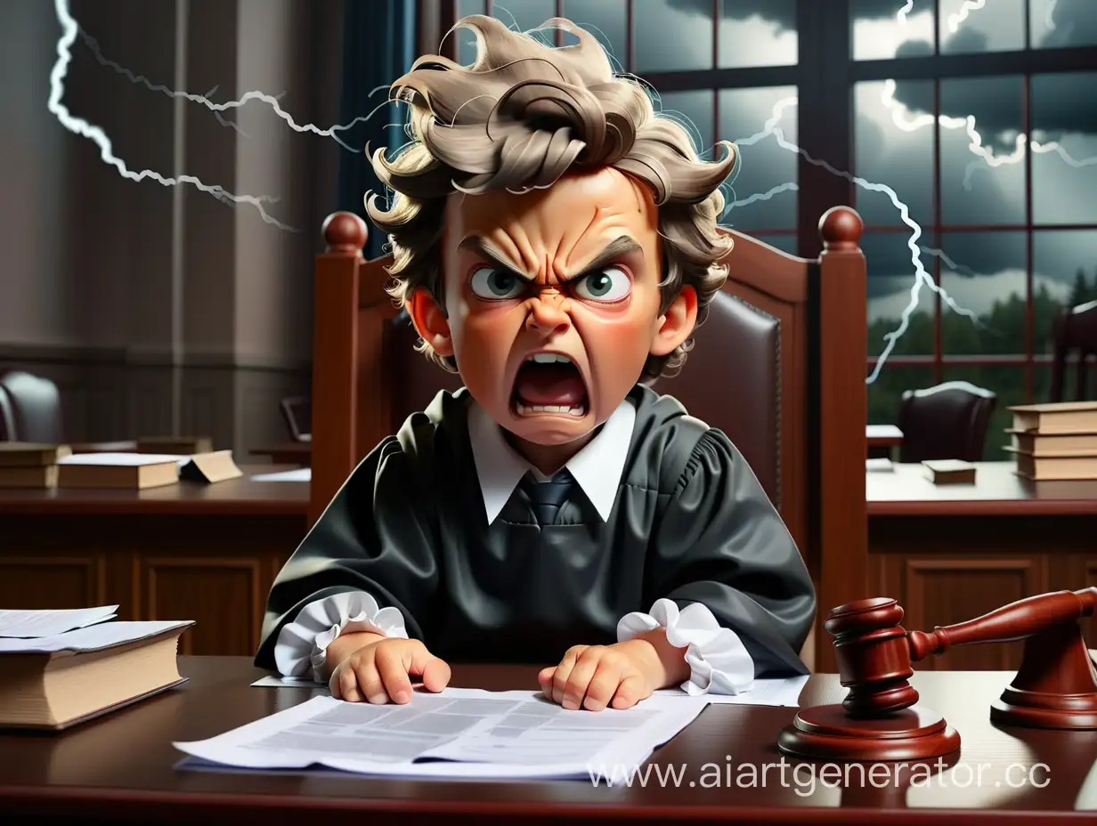 Ребенок судья в гневе, сидит за столом и выносит строгий вердикт в зале суда, и сзади за окном шторм
