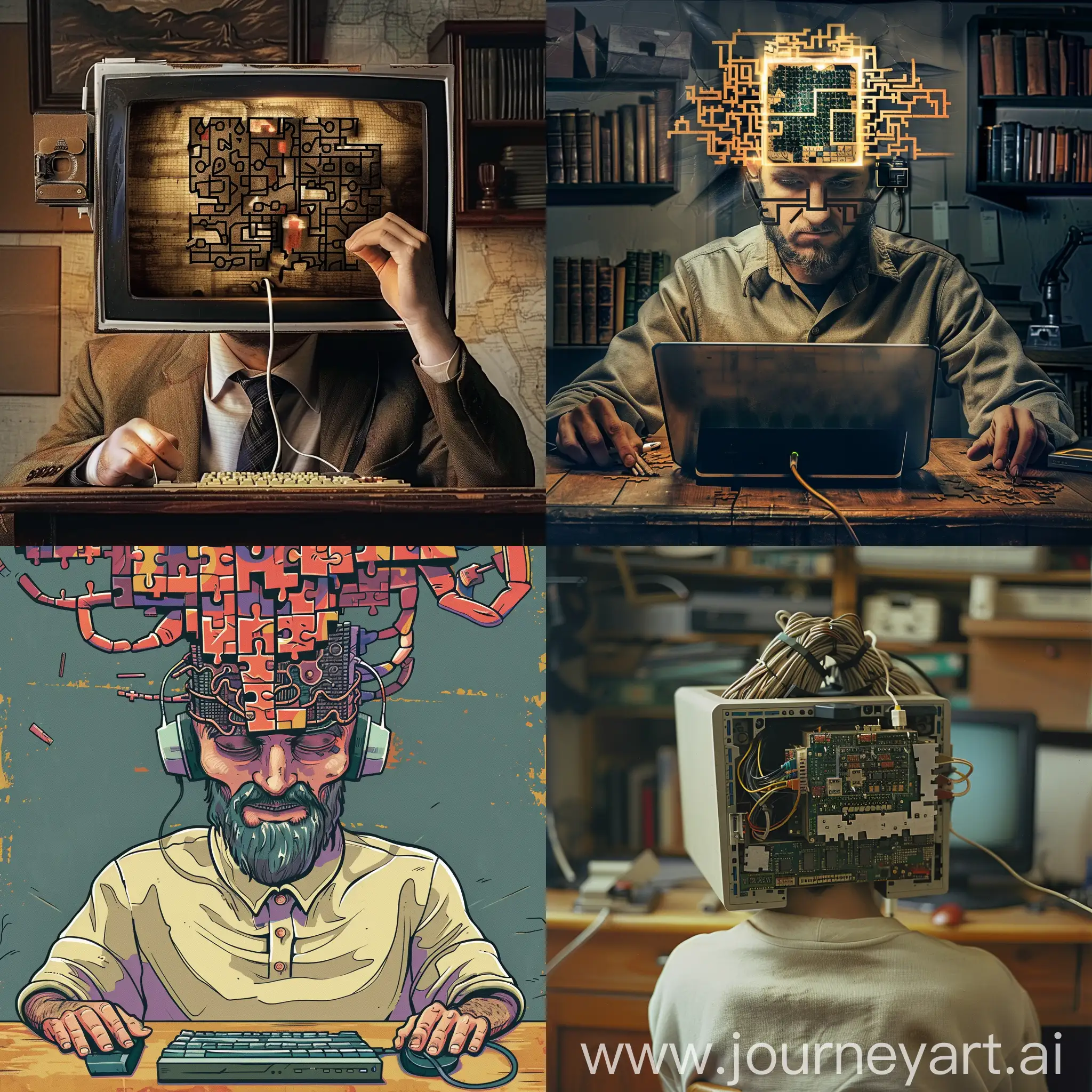 Intelligent-Geek-Solving-Puzzle-with-ComputerHead-AI-Art