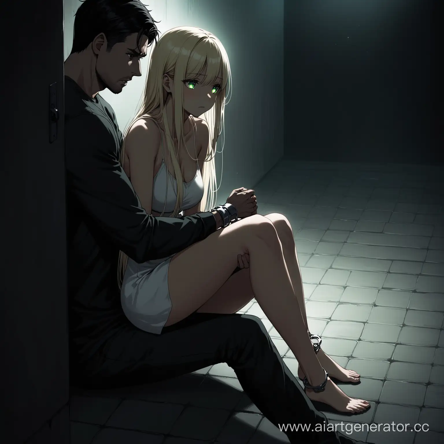  Low girl, a thin body, long blonde straight hair, green eyes, she is wearing a semi-transparent short dress, she is sitting on the basement floor in handcuffs, a very tall and fit guy, with white hair and black eyes is standing next to her and he is looking at her, He touches her thigh with his big hand, dark atmosphere, girl looks scared
