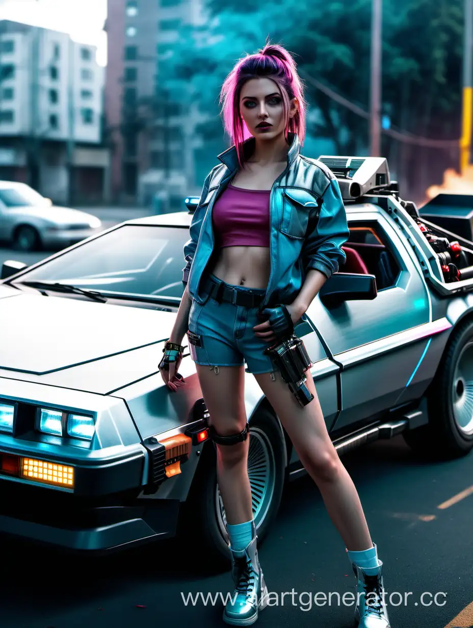 Красивая сексуальная девушка в стиле киберпанк 2077, рядом машина из фильма назад в будущее, в машине за рулём Марти Макфлай