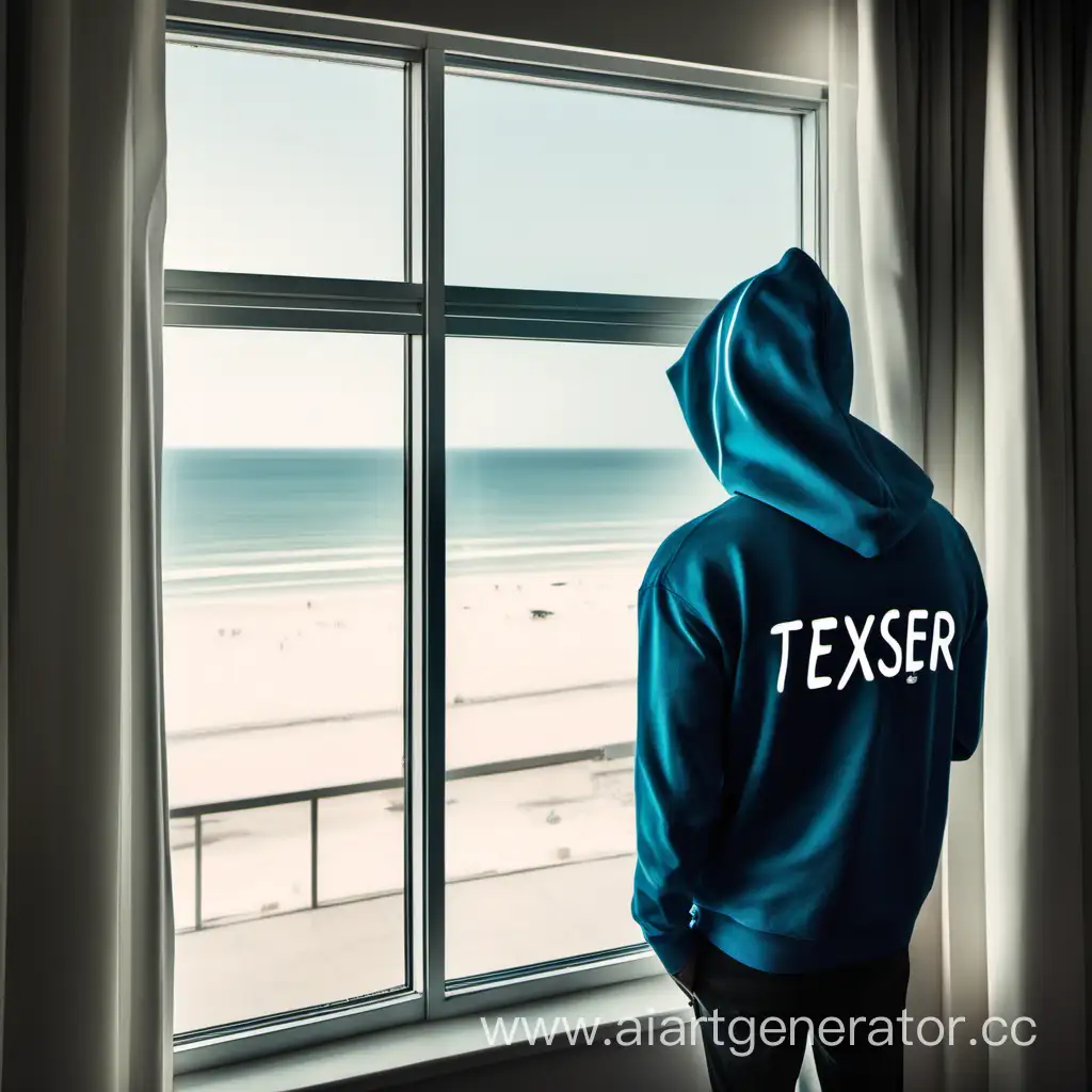 Человек в отеле смотрит в окно с видом на пляж и у него на худи написано название texser