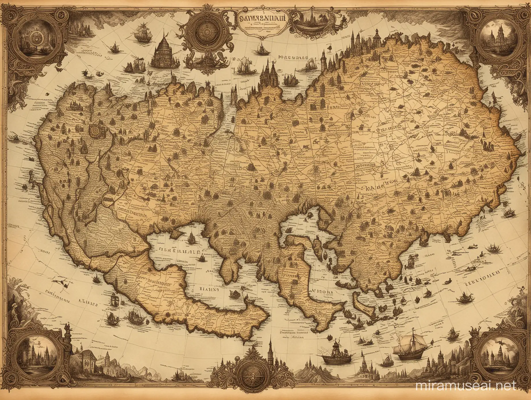 Vintage Steampunk Fantasy Map of 1800s Nations