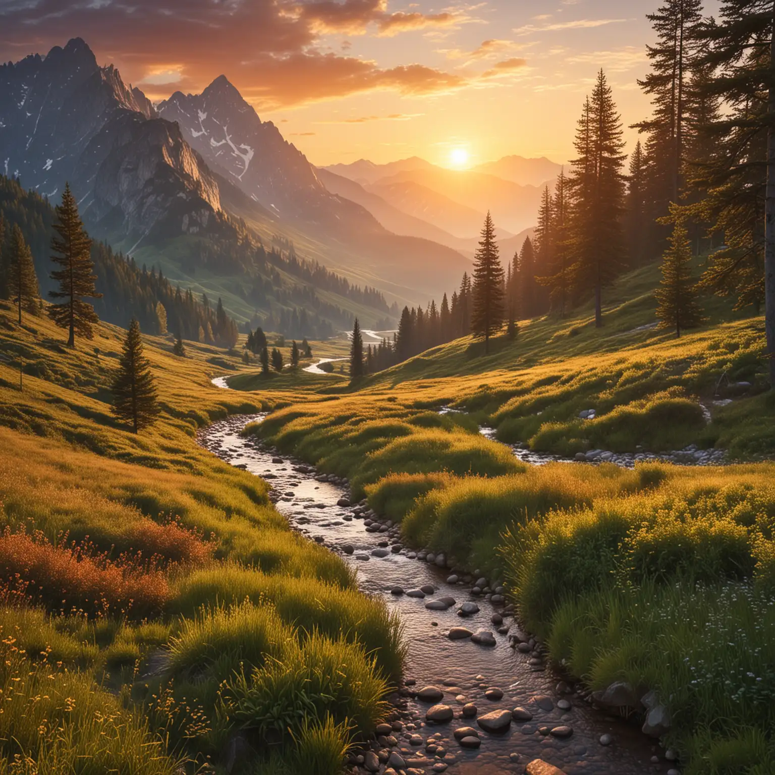Scenic Mountain Landscape at Sunset with Forest and Stream