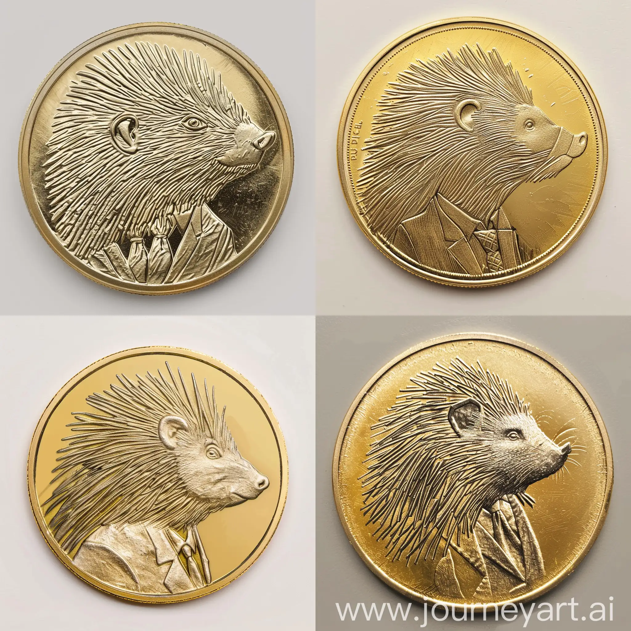 draw a gold coin on a plain background. On the coin, a porcupine is drawn in profile, looking to the right. Porcupine in a presidential suit, with a tie. Minimalism style. except the porcupine there are no other elements