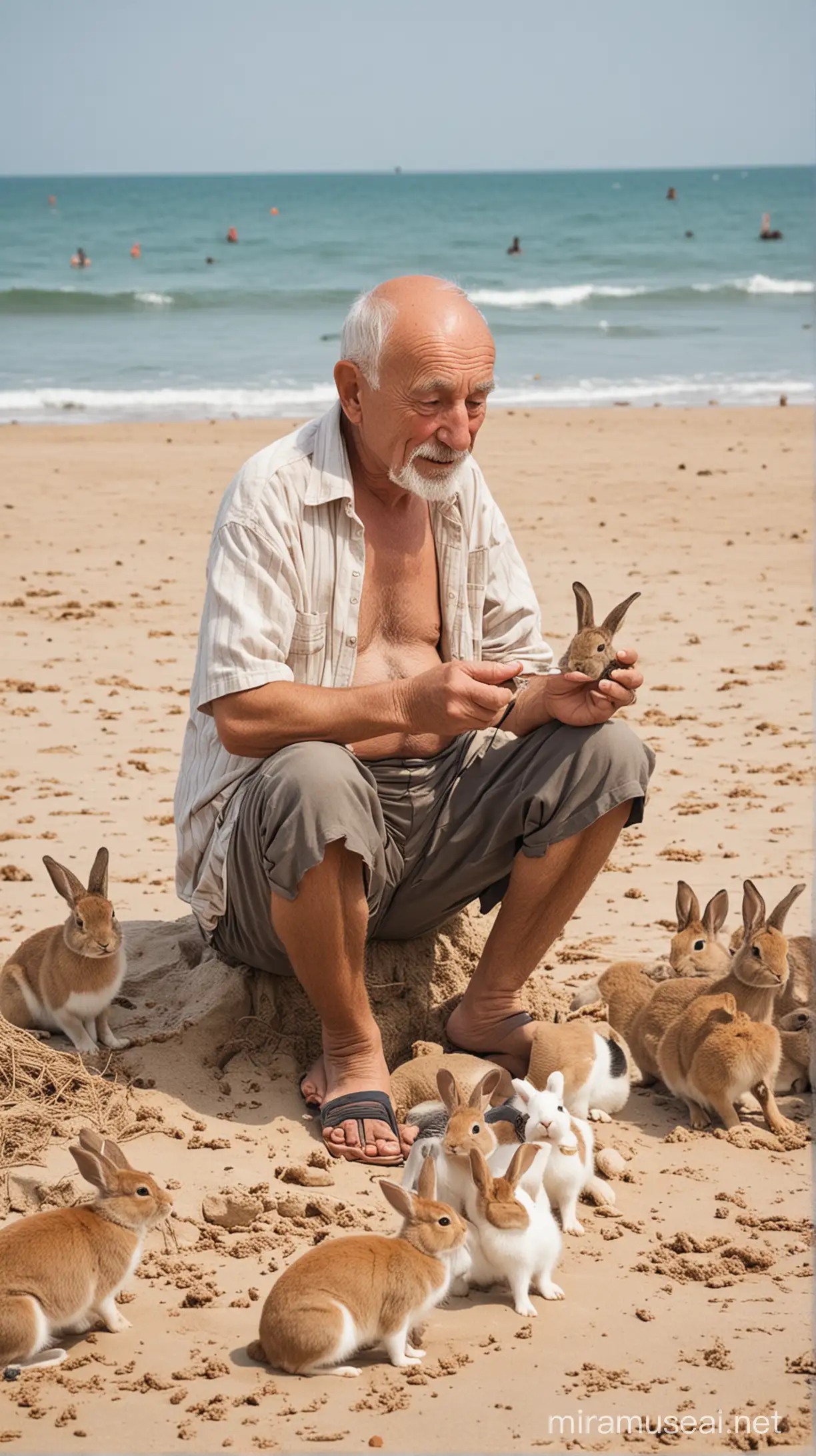 An old man sitting in beach playing with some rabbits