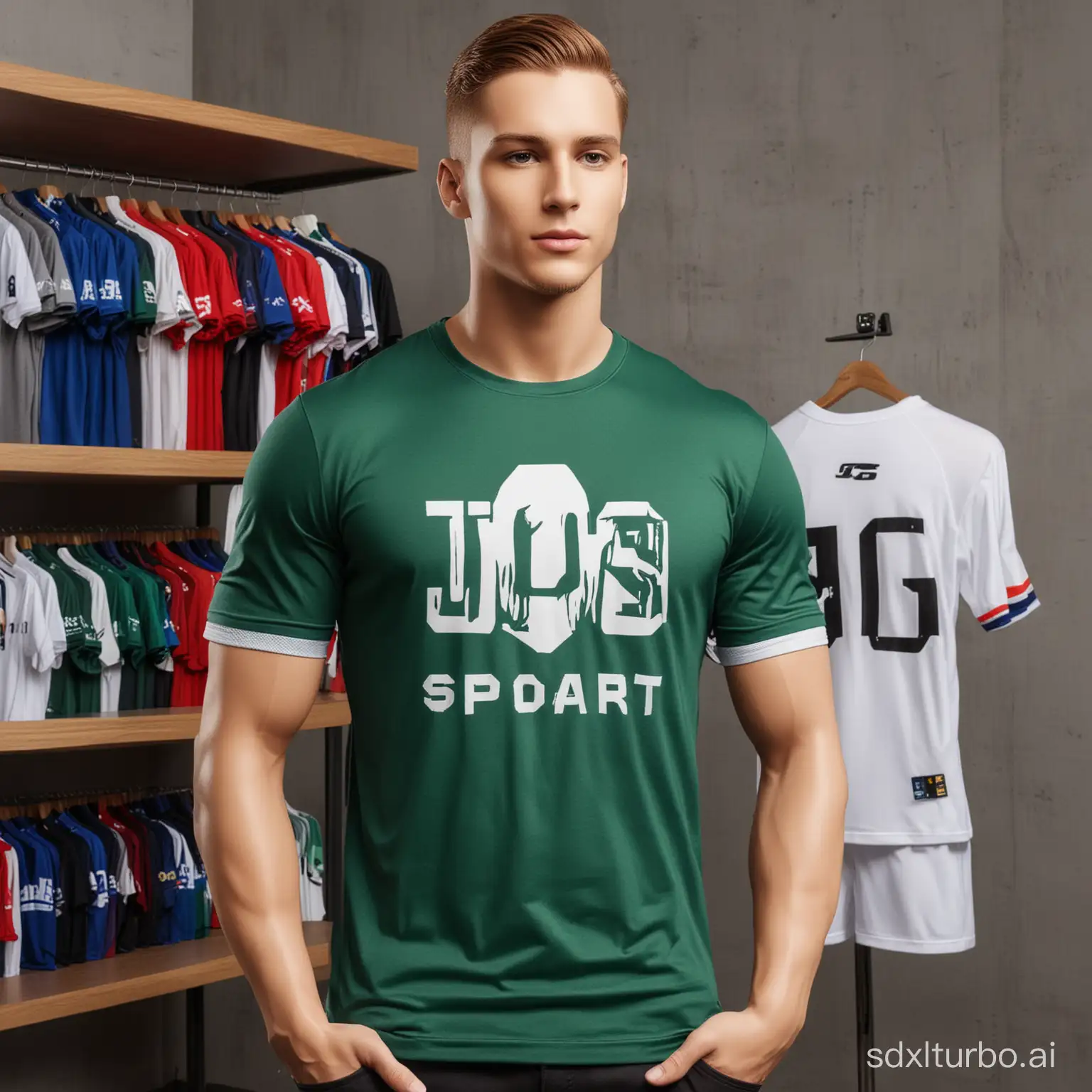 I want a mannequin wearing a T-shirt with the Js Bravo Sport logo, football jerseys