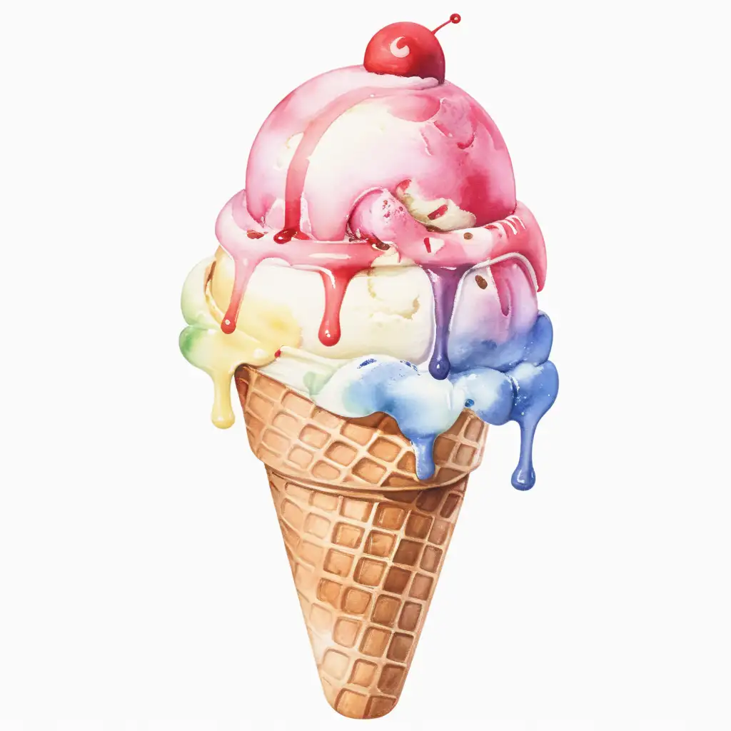 Watercolor styled, single ice cream, with no background