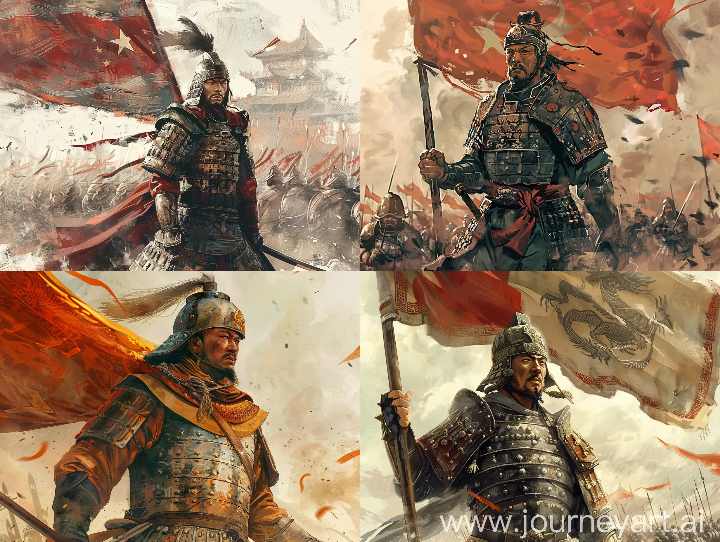 Ancient-Chinese-Warrior-Leading-Army-with-Military-Flag-in-Ink-Painting-Style