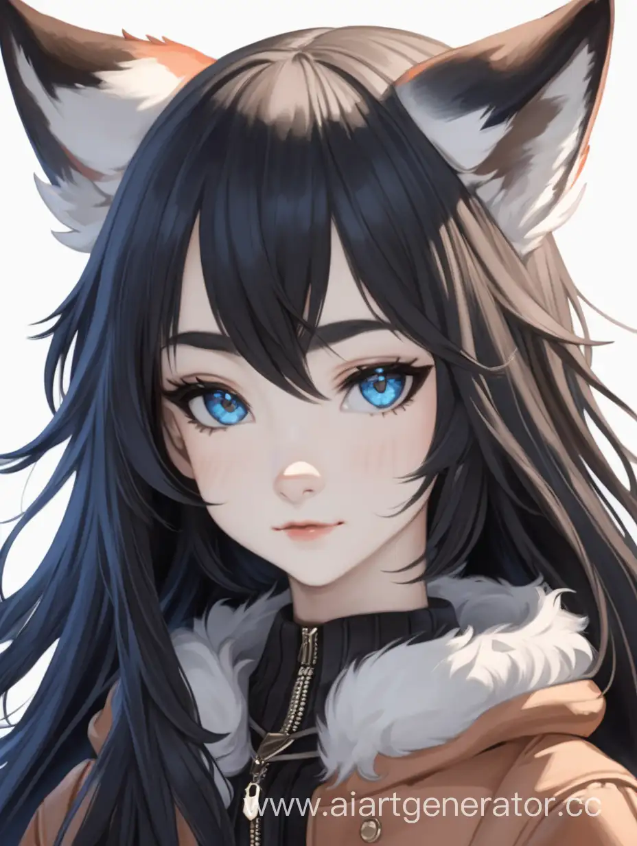 Fox girl in a hunting suit with black, long hair and blue eyes 