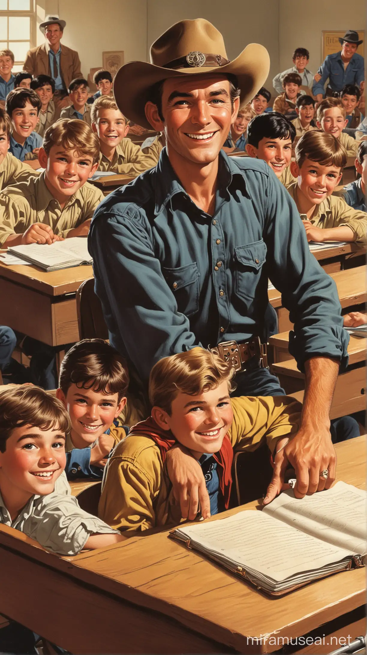 Tex Willer seduto nei banchi di scuola attornito da ragazzi che sorridono, illustration