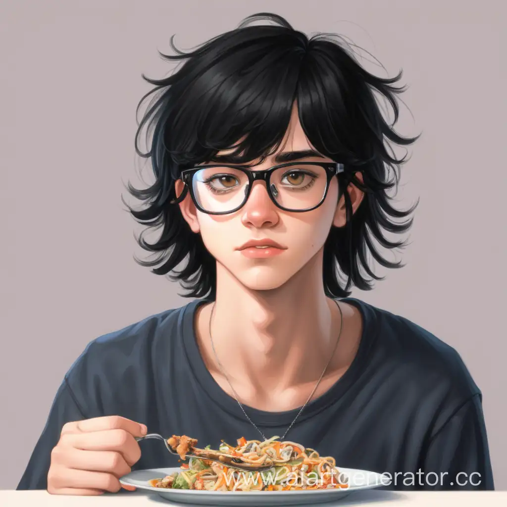 Подросток с черными волосами, очками и расстройством питания