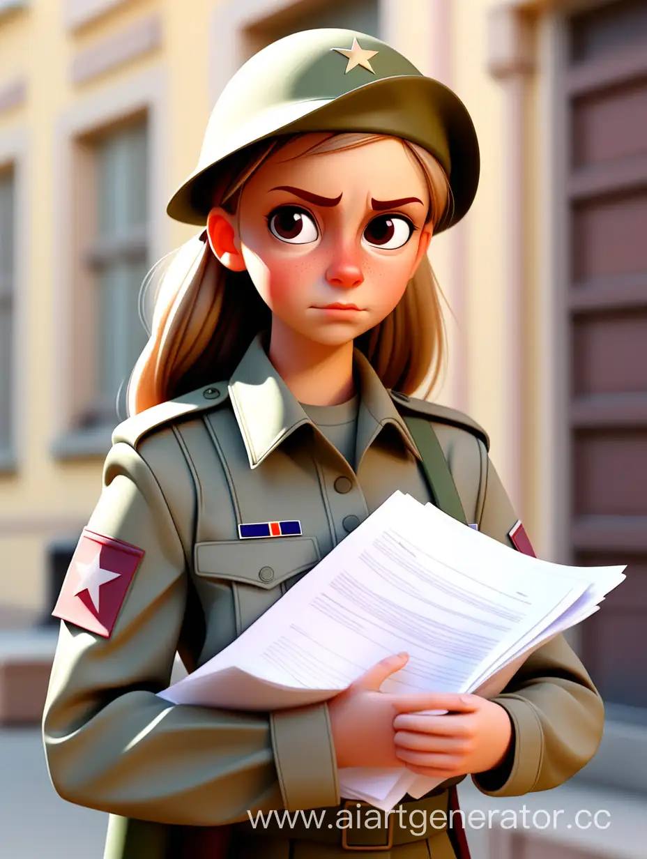 Девушка в военной форме с папкой документов в руках