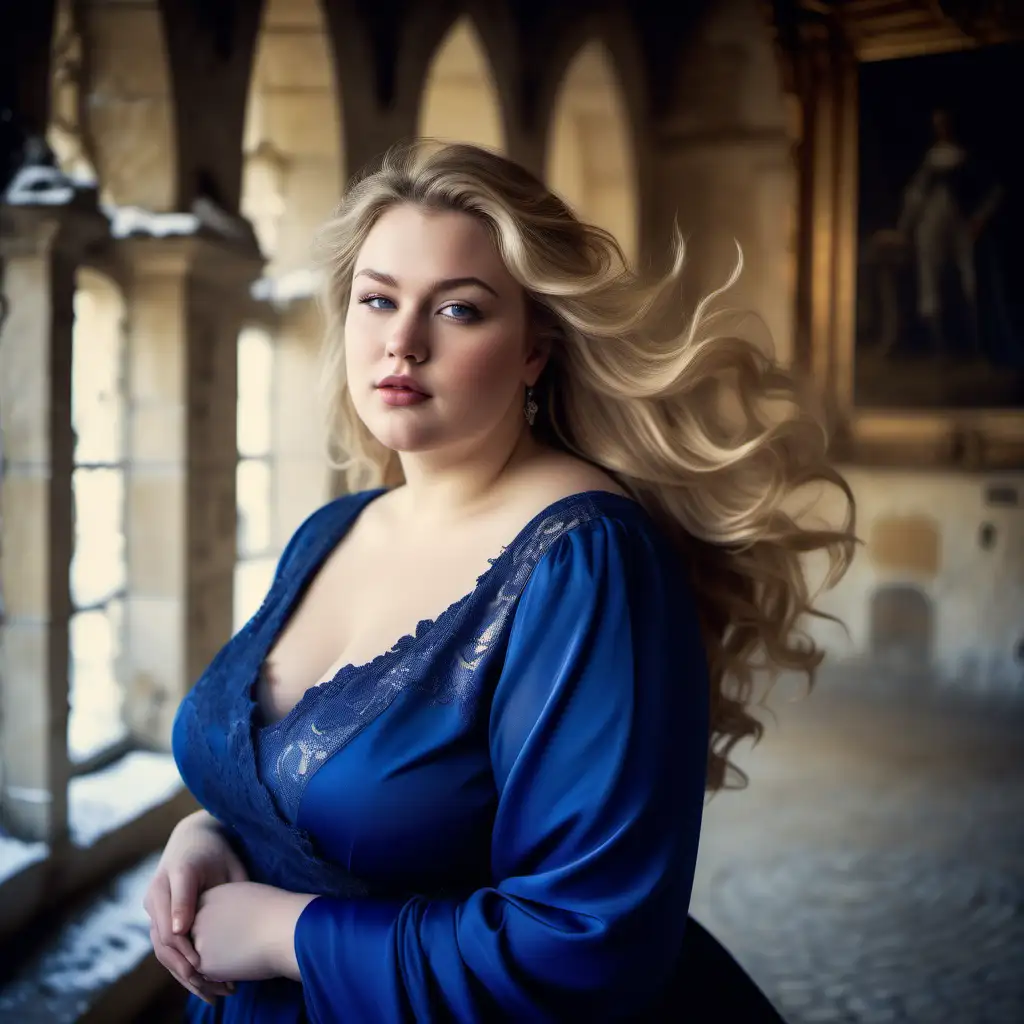 beautiful, sensual, classy elegant plus size model portrait with dirty blond hair, wearing royal blue, slight smile, soft light from left,  long hair is flowing as in the wind, photoshoot inside a winter castle in France, inside the rooms in the castle, antique background