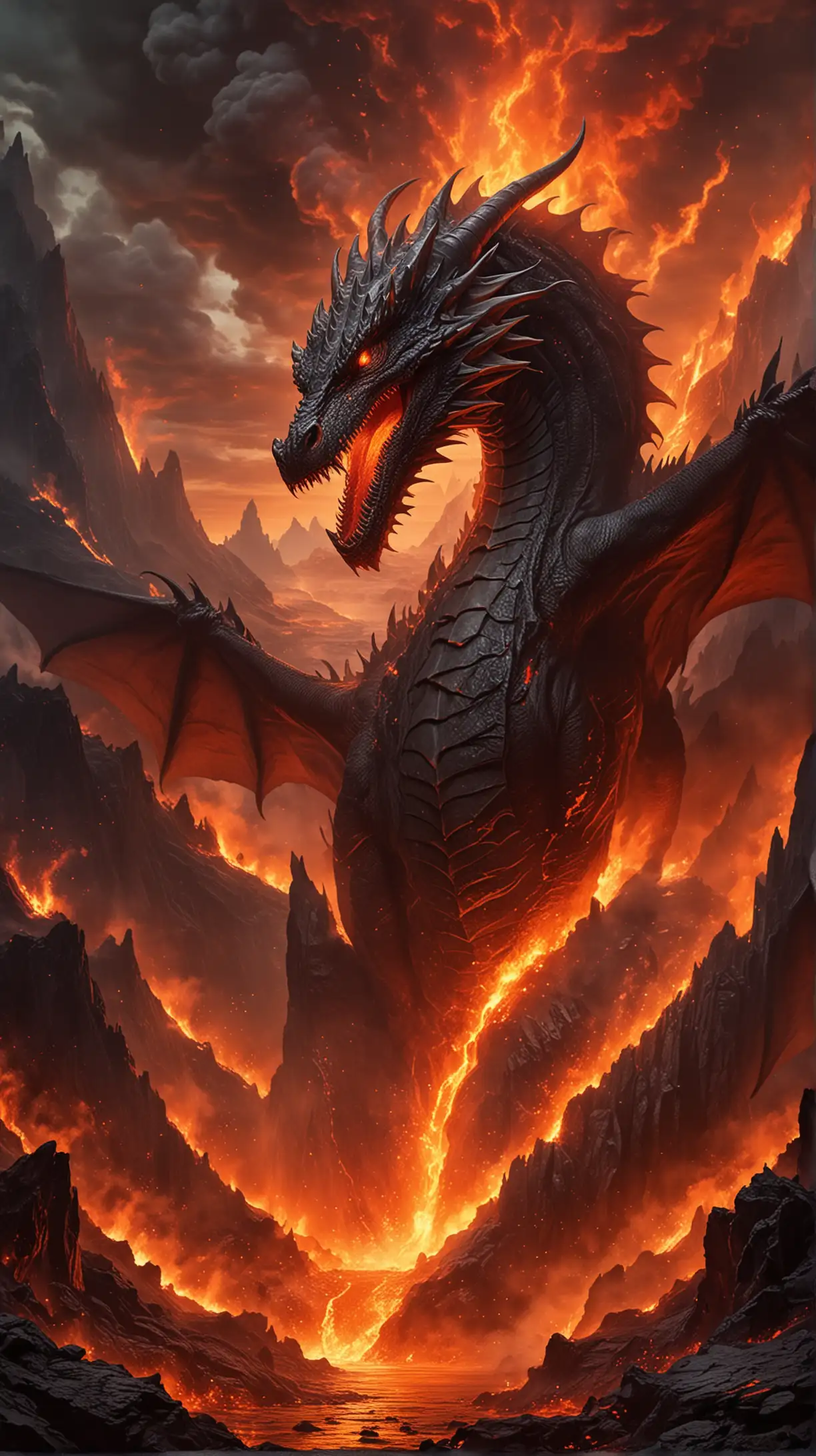"A terrifying dragon slumbering within the heart of an ancient volcano, its fiery breath simmering just beneath the surface of the molten lava."
