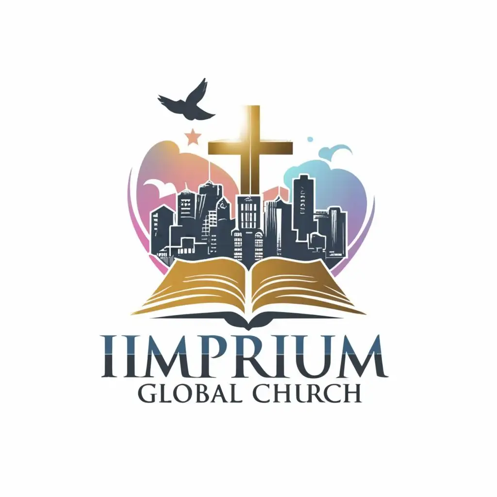 logo, cross, bible, dove, city, with the text "imperium global church", typography, be used in Religious industry