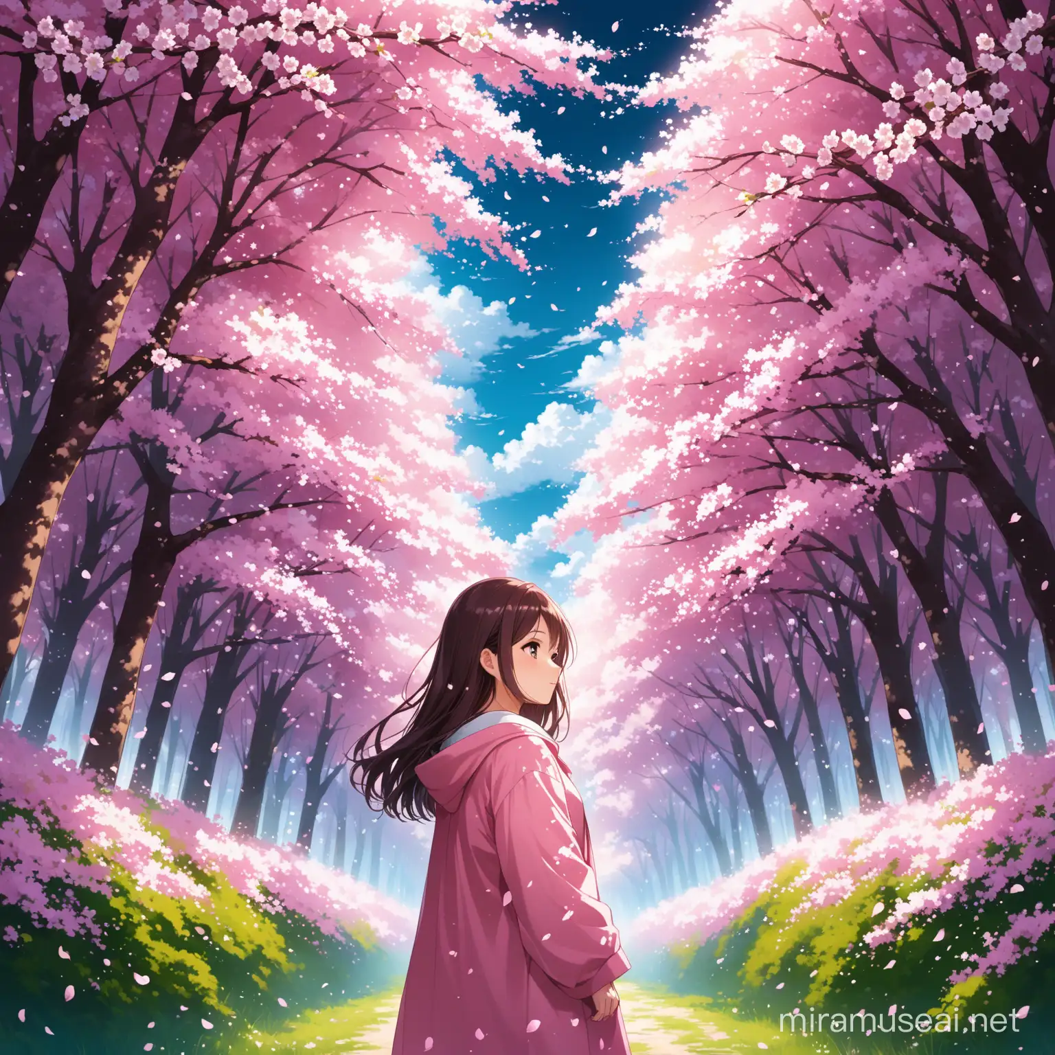 少女站在盛开的樱花林里看樱花，天空乌云密布