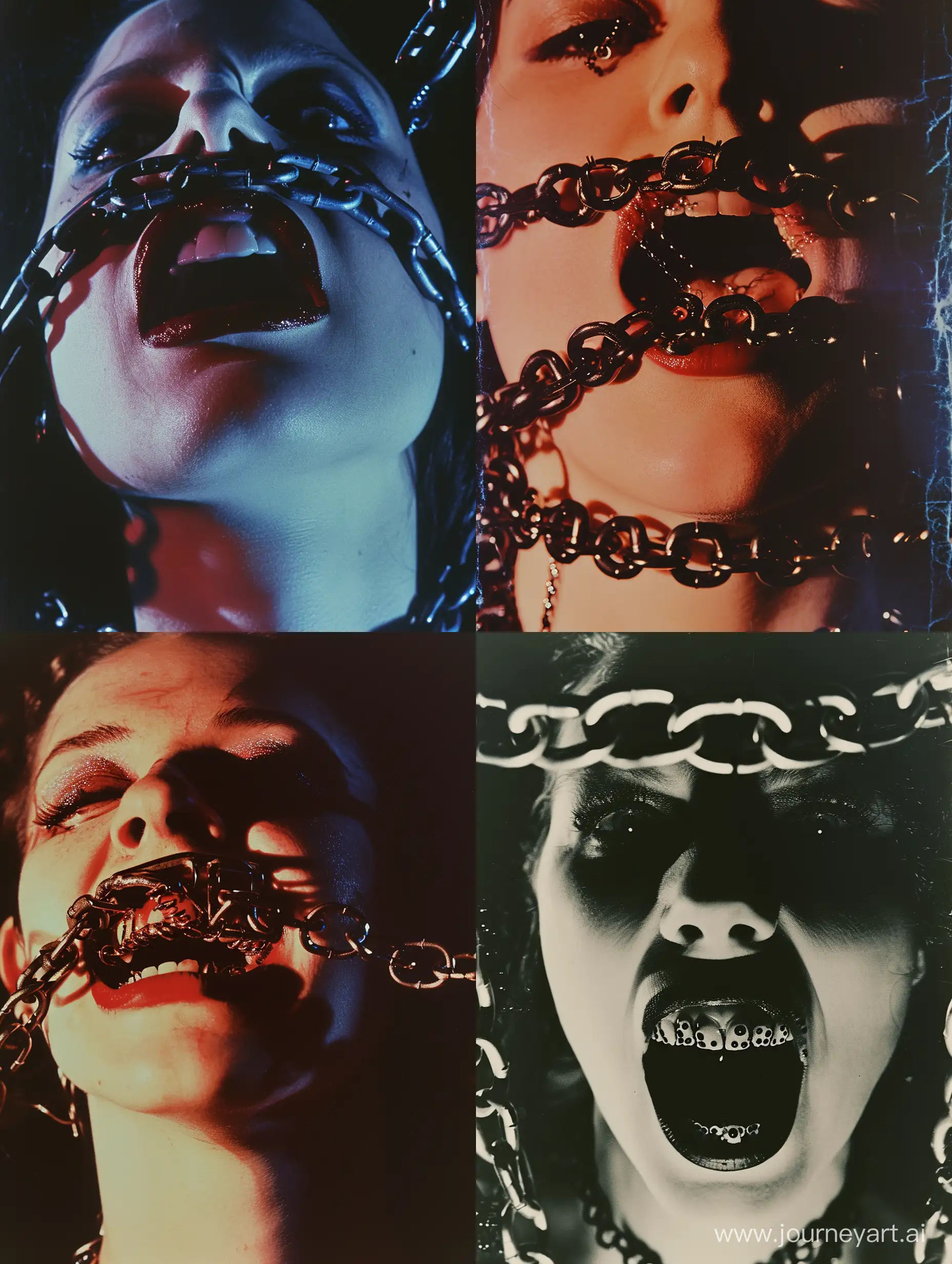 Saturated portrait of woman wearing Jennings mouth, chains, unhinged, photo taken with provia