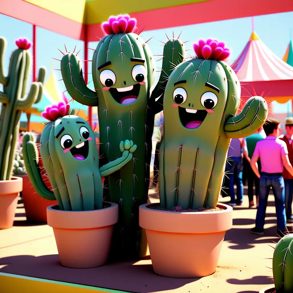 Joyful Cartoon Cacti Embracing in a Vibrant Fair Setting