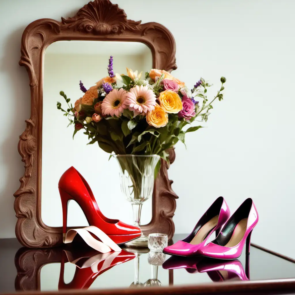 piękne kwiaty, obok buty szpilki, stoją na lustrze vintage