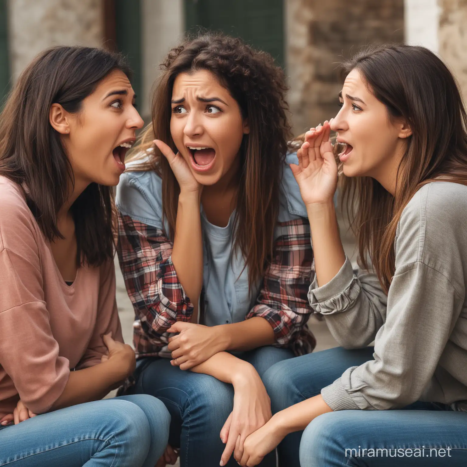 generate an image of three friends sitting in a circle gossiping.  One of them is talking, the other two are reacting in disbelief and disgust. 