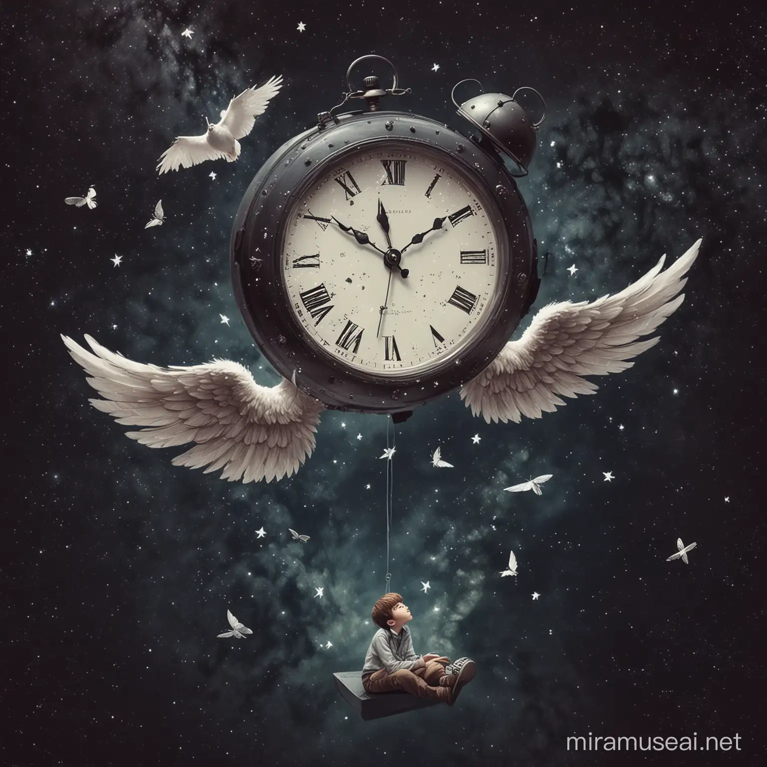 un reloj flotando, un chico triste con alas en el espacio