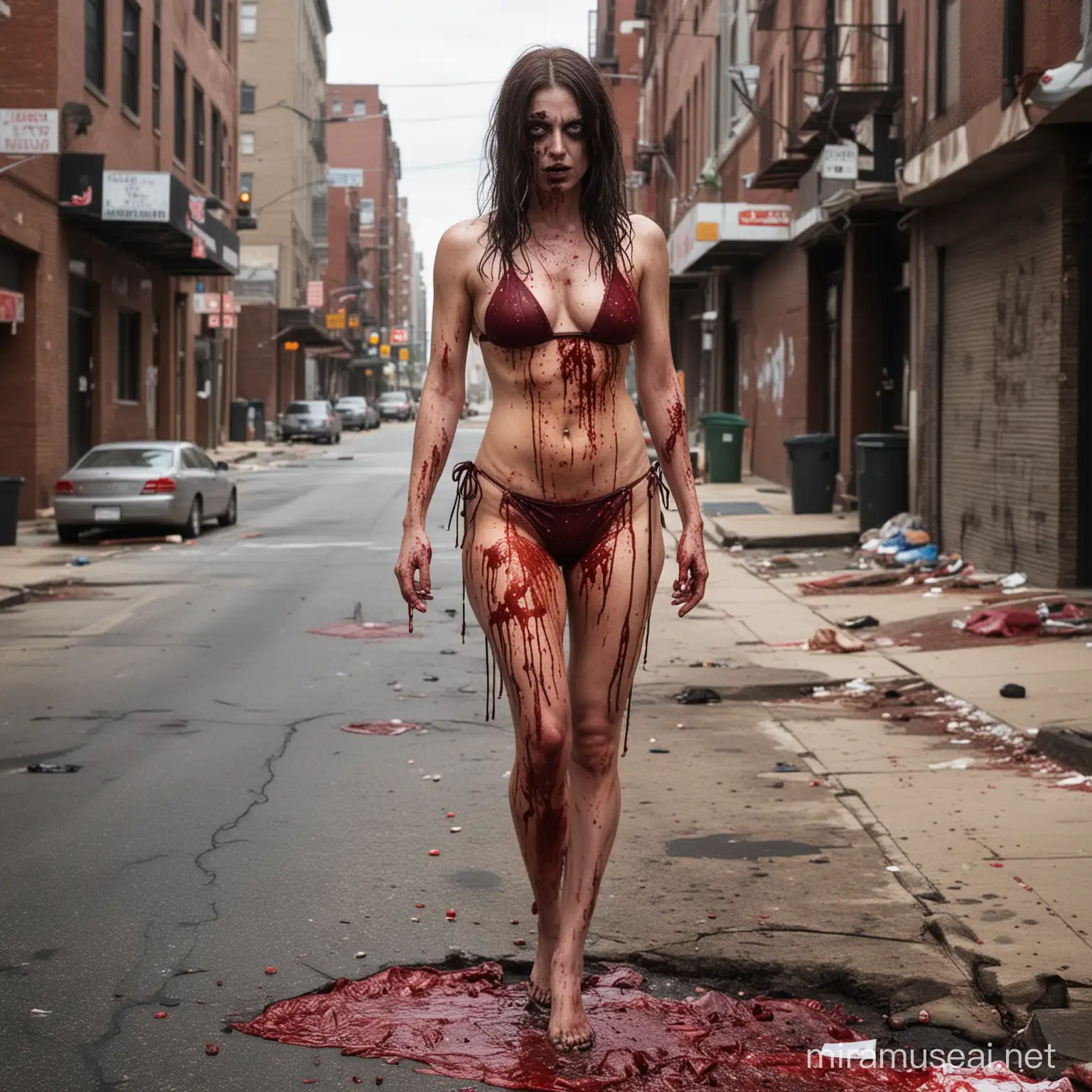 A zombie woman covered in blood and wearing a bikini in the middle of a Philadelphia street stands limp in the middle of the sidewalk against the backdrop of a dirty Philadelphia street

