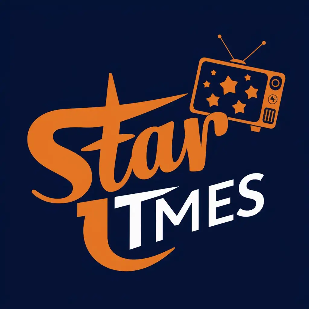 logo, Incorporate the colors orange and navy blue in a unique design in an abstract manner. Consider adding stars to enhance the visibility of the company's name. Additionally, include a television in the background with stars make sure spelling on star is correct, with the text "Star Times", typography, be used in Entertainment industry