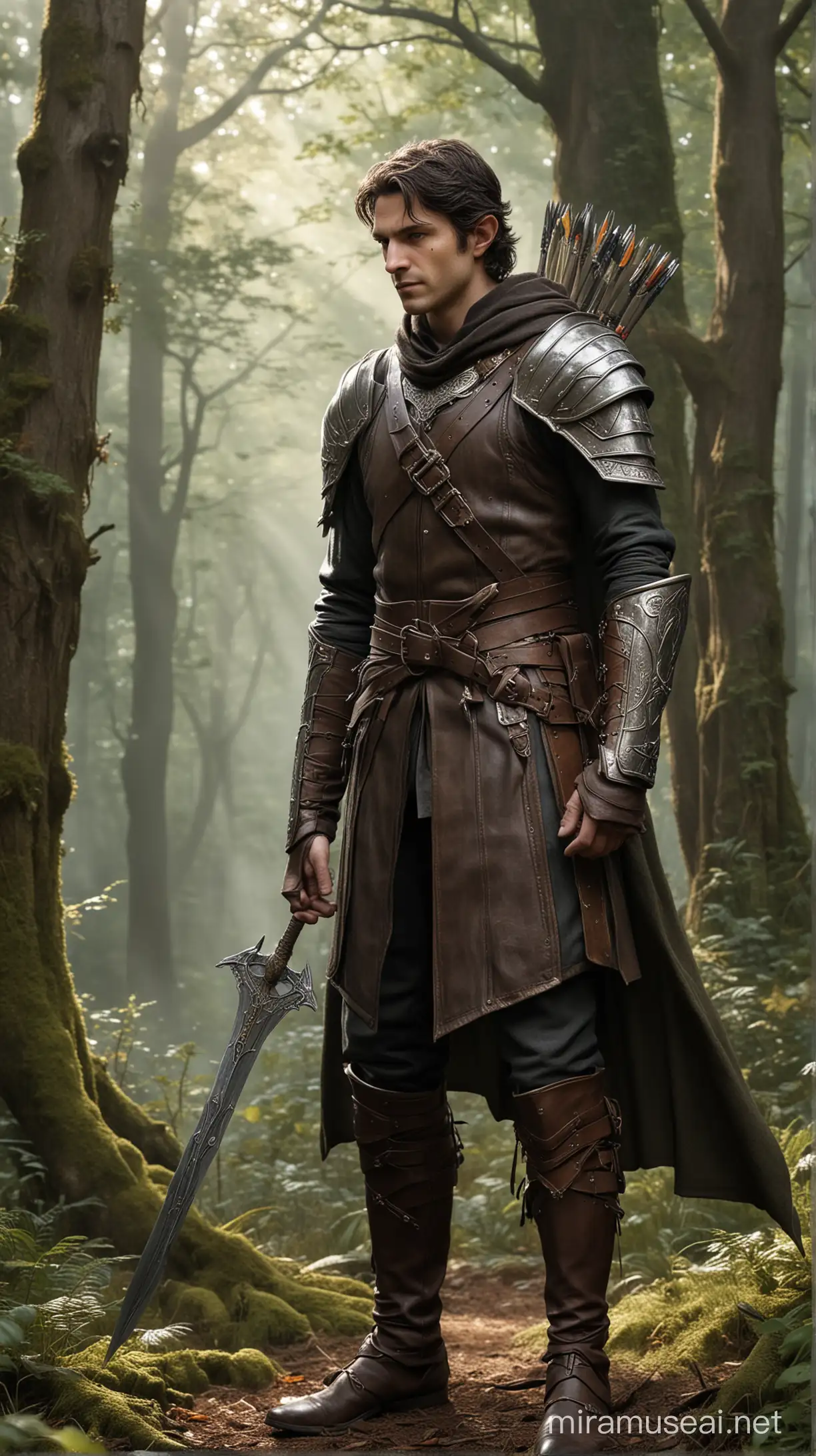 Photorealistic. High resolution. Full body image. As the sun sets over the elven kingdom, a lone figure stands guard. A striking male elf, his middle-aged features enhanced by his high cheekbones and strong jaw. His stubble adds a rugged edge to his otherwise refined appearance. His pointed ears, partially hidden by his hood, hint at his magical abilities. His pale skin and long, dark hair give him an otherworldly aura. His long dark hair is pulled back with a leather headband, revealing his sharp features and amber-colored eyes. He wears a unique set of leather armor, with chainmail peeking out from underneath. The armor is adorned with an array of straps, pouches, and potions, a testament to his preparedness for any danger that may arise. His equipment is a mix of a wizard's, a warrior's, and a thief's, showcasing his diverse skills and abilities. His hooded cloak is pulled up, casting a mysterious shadow over his face, revealing intricate patterns and symbols woven into the fabric. The dark calf-skin leather boots he wears are knee-high, providing both style and functionality. His leather leggings are loose, but tied at the seam, allowing for quick and agile movements as he traverses through the forest. The male elf exudes an air of mystery and danger. As you approach the male elf, you can't help but notice the intricate details of his attire. An elegant longsword hangs in a scabbard at his belt, a weapon of both beauty and power. His hands are empty, but crackling with magical fire, a testament to his mastery of the arcane. Strapped to his thighs are sheaths containing sharp daggers, ready to be drawn at a moment's notice. On his back rests a beautifully crafted longbow, its dark wood contrasting against the silver fittings. A quiver filled with arrows hangs from his shoulder, a testament to his skill and precision in archery. This elf is a force to be reckoned with.