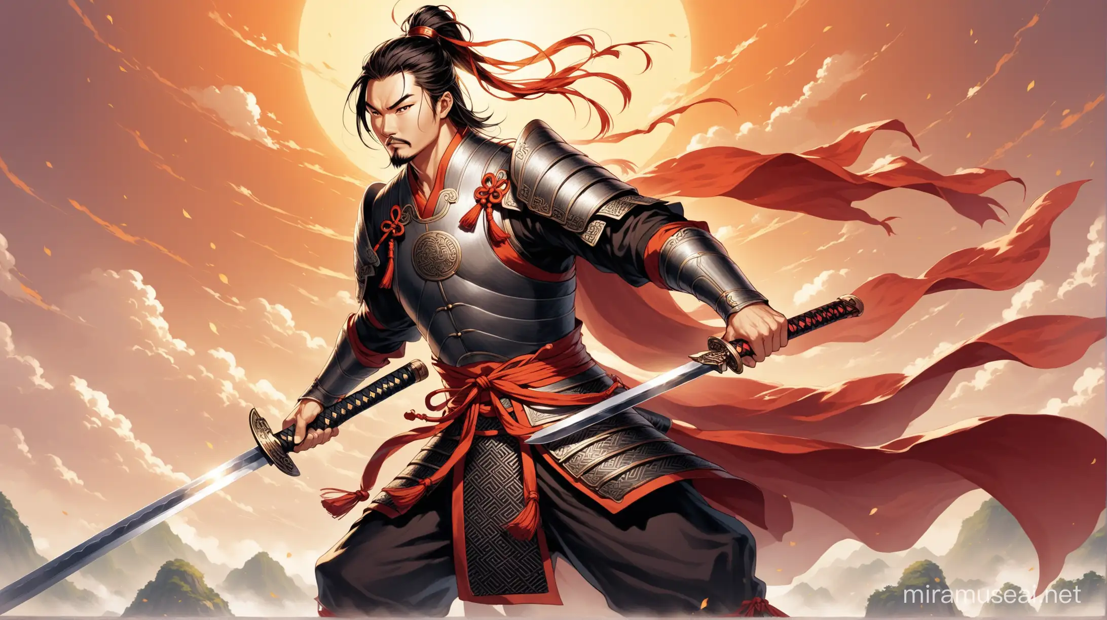 Chinese Warrior Wielding Sword in Ancient Battle Attire