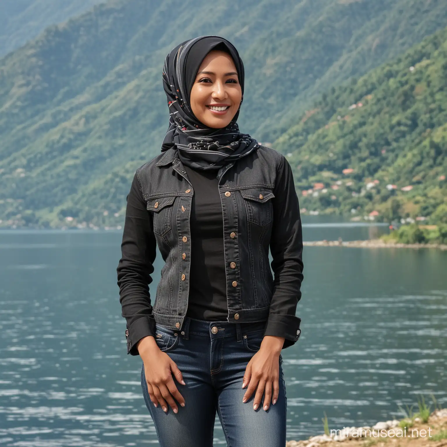 Make me an impressive half body picture of an extremely attractive 45 year old indonesian beautiful women, wearing hijab, black shirt mix jeans jacket, in elegant feminine pose, smiling, Indonesia in front of lake toba, north sumatera, indonesia the photo is taken in beautiful daytime weather, tetrahedron colors, high quality background, ultra-detailed scenery, ultra-sharp focus.