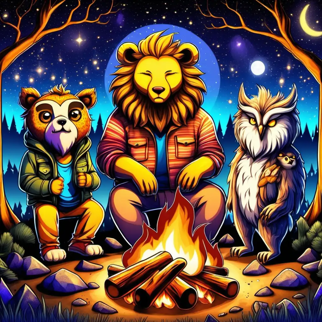 Realistic Good Vibe Family Campout with Lion Bear Owl and Wolf Around a Cosmic Campfire SingAlong