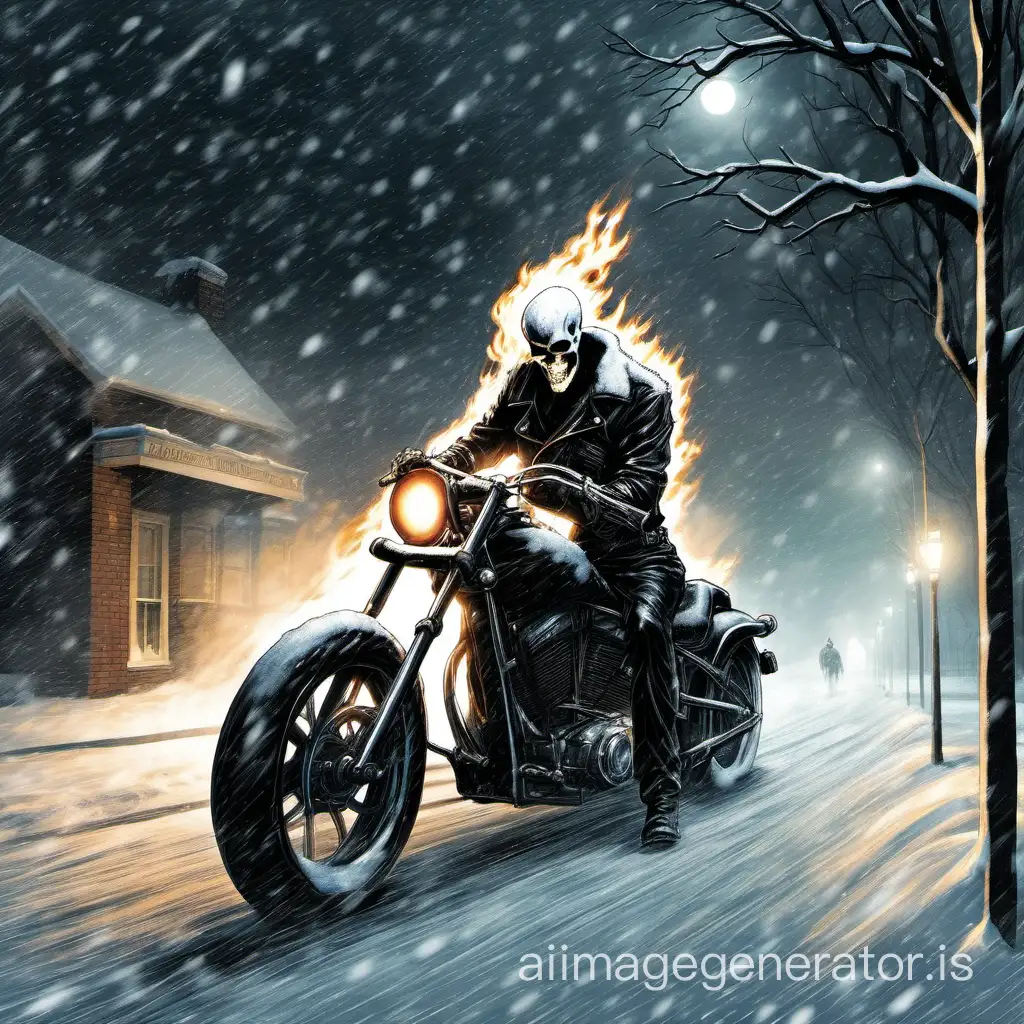 Ghost Rider alone on a cold night that begins to snow