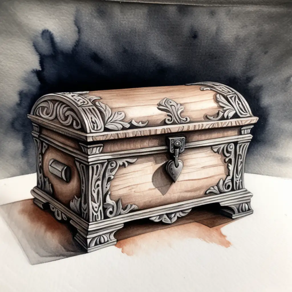 a tiny chest carved to look like it has real feet on the bottom, dark watercolor drawing, no background