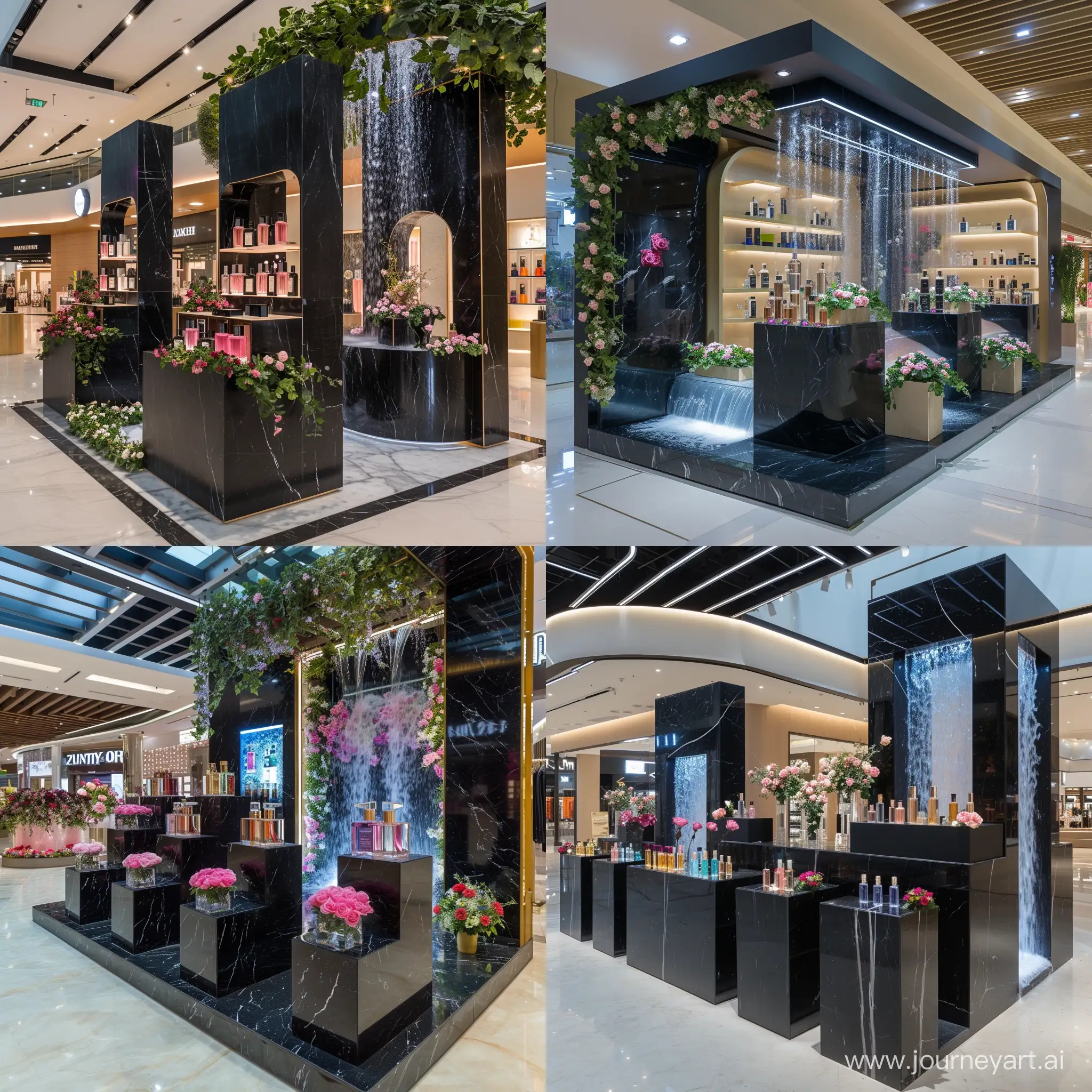 Luxury-Perfume-Kiosk-with-Black-Marble-Stands-and-Rose-Accents