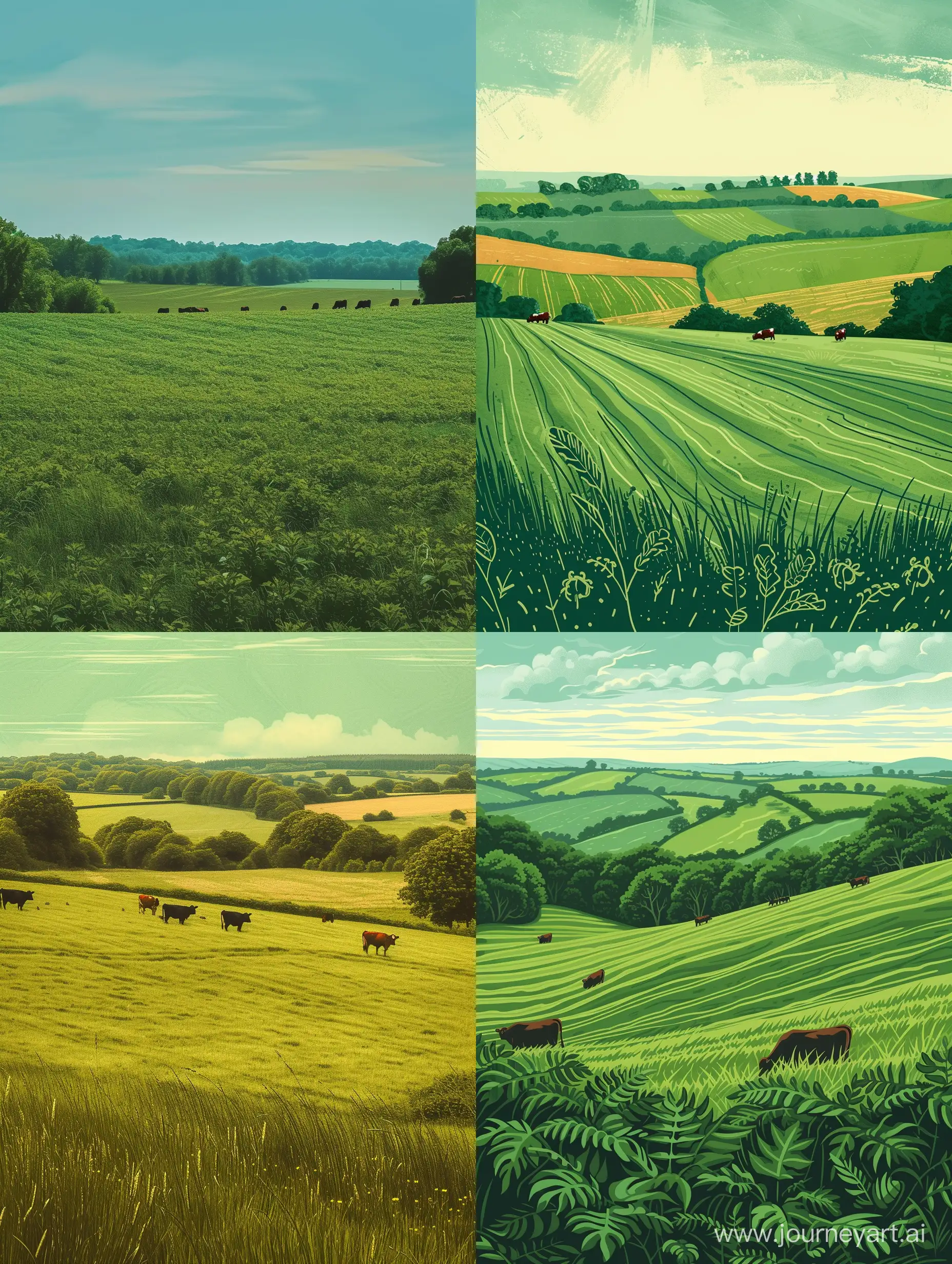 Farm field vibrant green colors some cows and trees far away in old style illustration, Highly detailed, CS 5:7