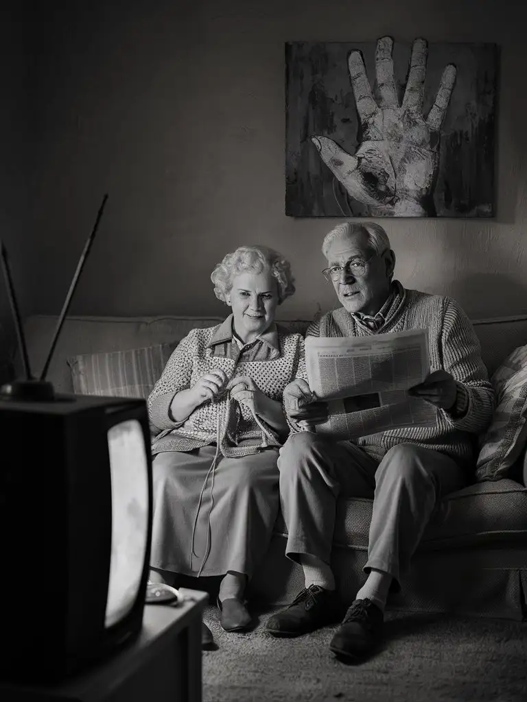 Una mujer anciana y un hombre anciano sentados en un sillón, frente a un televisor antiguo, en la pared se ve un cuadro de una mano con los dedos en V