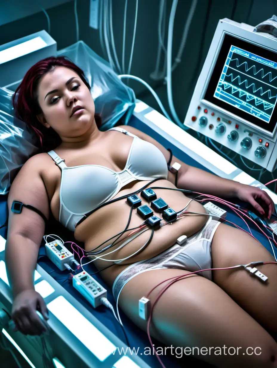 Young adult woman lying down in a futuristic medical chamber. She is slightly overweight. Numerous heart monitor electrodes are placed on her chest and breasts, connected by wires. A tube connects a catheter inserted into her groin and drains urine into a tube between her legs. She is wearing an underwire bra. Sensors are attached to her body to monitor her vital signs.