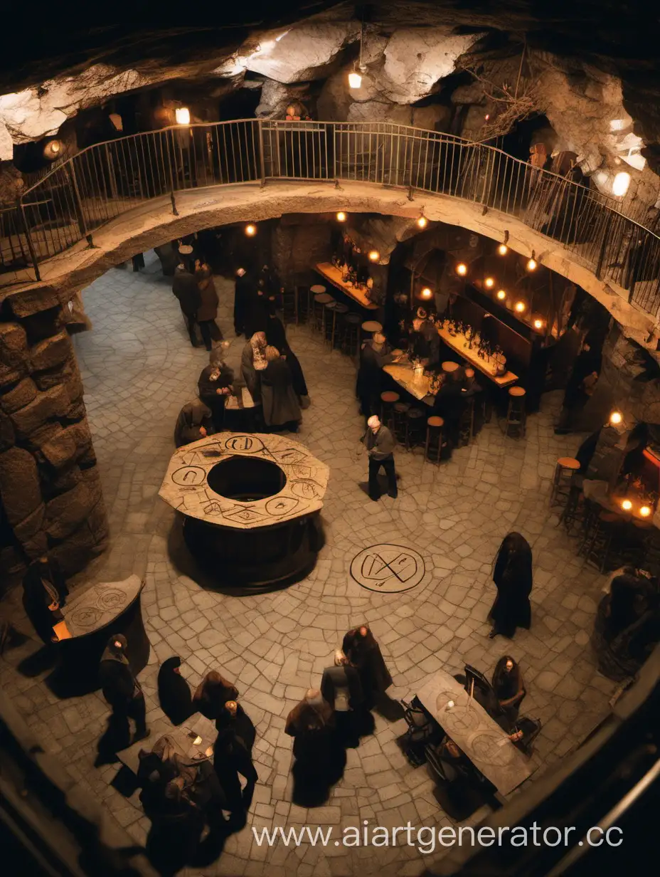 The hall is underground. In the center there is a runic circle on the floor, on the sides there is a bar. On the opposite side of the entrance there is a bar counter, on the other sides there are tables with visitors. Top view of the room. There are several people in mantles at the bar