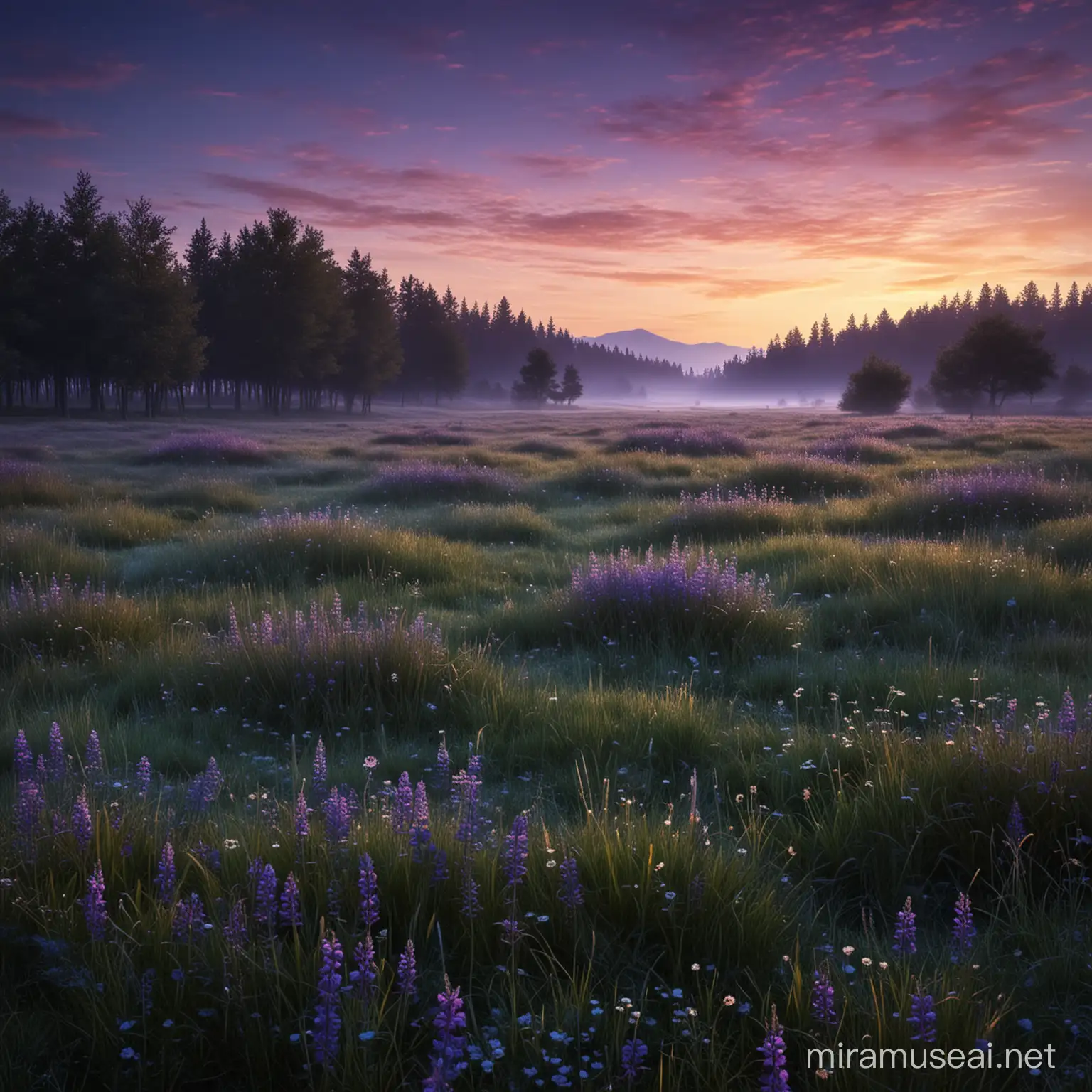 Enchanting Twilight Meadow Landscape with Glowing Flowers