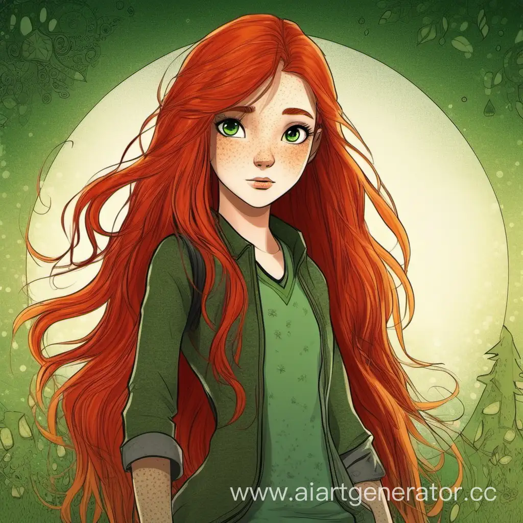 Персонаж книги - девушка с длинными русыми волосами, темно-зелеными глазами и веснушками.