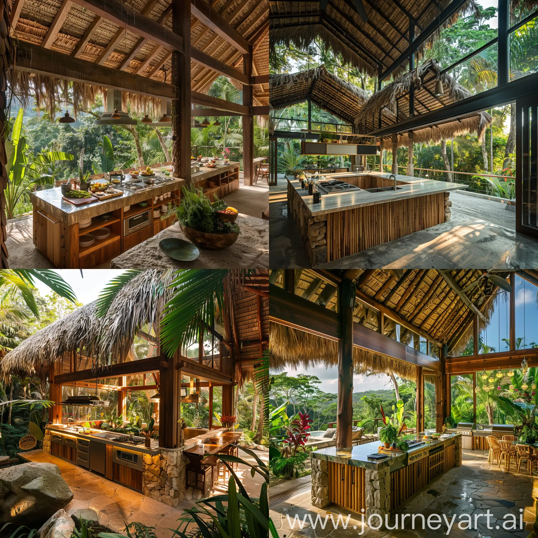 A large, well-equipped outdoor kitchen nestled amidst a lush rainforest, teeming with life.  The kitchen is constructed from natural materials, such as reclaimed wood and stone, and blends seamlessly into the surrounding jungle. A thatched roof provides shelter from the sun and rain, while large windows allow the occupants to enjoy the stunning views of the rainforest.  The kitchen is equipped with everything needed to prepare a gourmet meal, including a top-of-the-line stove, oven, and refrigerator. There is also plenty of counter space for food preparation, and a large island that can be used for dining or entertaining.  But the true beauty of this kitchen is its location. Surrounded by the sights and sounds of the rainforest, it is a truly immersive experience. Guests can enjoy the sounds of exotic birds singing, the rustling of leaves in the wind, and the occasional roar of a distant waterfall.  Cooking in this kitchen is not just about preparing food; it is about connecting with nature and experiencing the wonders of the rainforest. It is a truly unique and unforgettable experience.