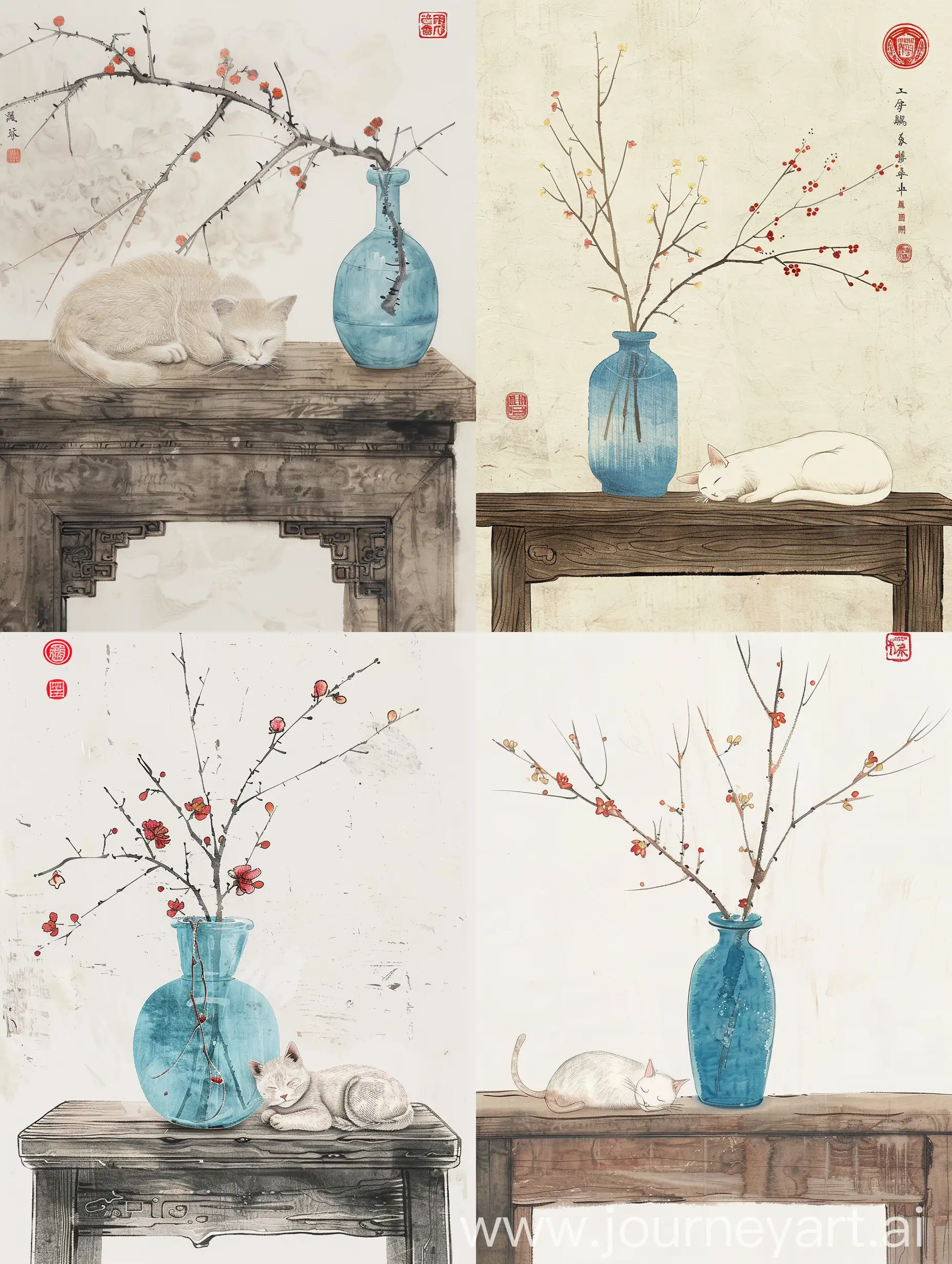 生成一幅中国风格的水墨画。画面中有一个蓝色的瓶子摆放在一张看起来有些陈旧的木桌子上，瓶子中插着几枝红花，细长的枝条和淡黄色的花朵勾勒出一种温婉的生命力。在桌子上，有一只白色的猫咪正蜷缩着睡觉，它的轮廓和面部特征用简洁的线条勾画而成，给人一种宁静而放松的感觉。画面的颜色较为柔和，使用了较为简约的色彩和线条来表达，整体上呈现出东方艺术的简洁和意境。在画面的上方和下方可以看到两个红色的印章，这在传统的中国绘画中通常代表了作者的签名或是用来增添画面的装饰效果。整体上，这幅画传达了一种静谧和诗意的氛围