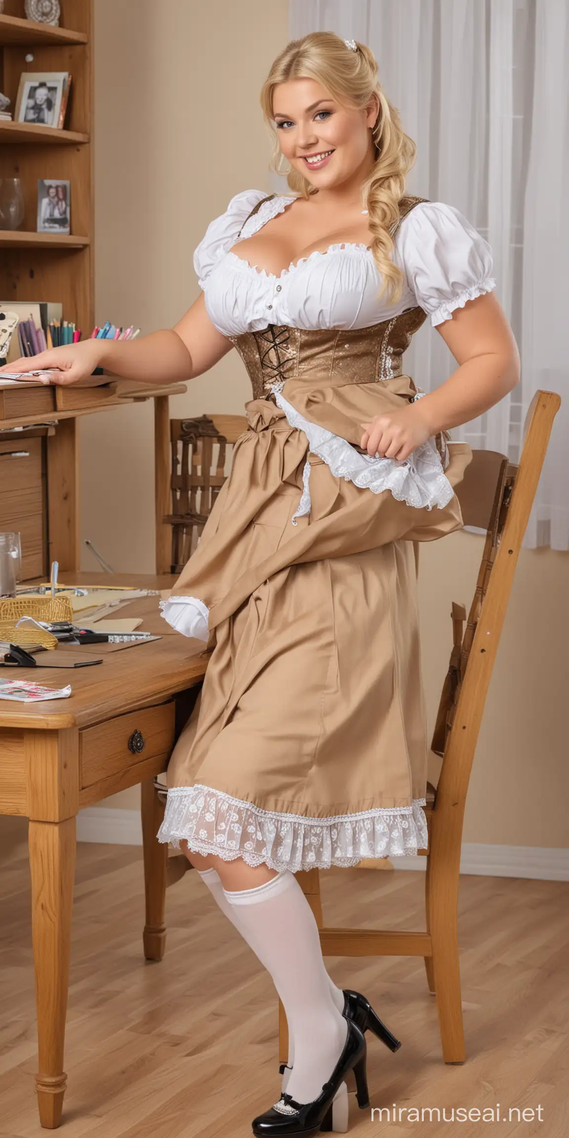 create picture of chubby older blond woman, open sexy dirndl dress, big breasts, pearls, mary jane style high heels, white socks, sitting at desk with PC, writing block, pencil, facing camera, smile, show full body, full lenght, including shoes