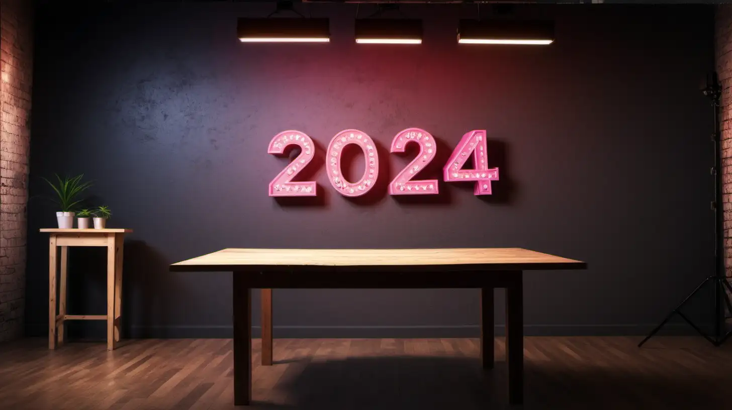 Studio background with wooden table in frame and studio lights in the background, but leave space for me to add a person behind the cente of the table also I want a neon sign on the back wall that says 2024
