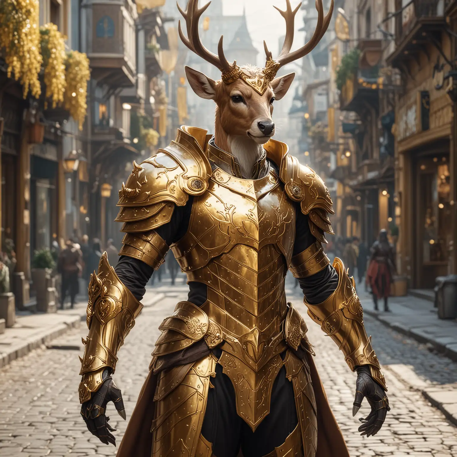 humanoid deer paladin in the a fantasy city during the day, golden plate armor, shield