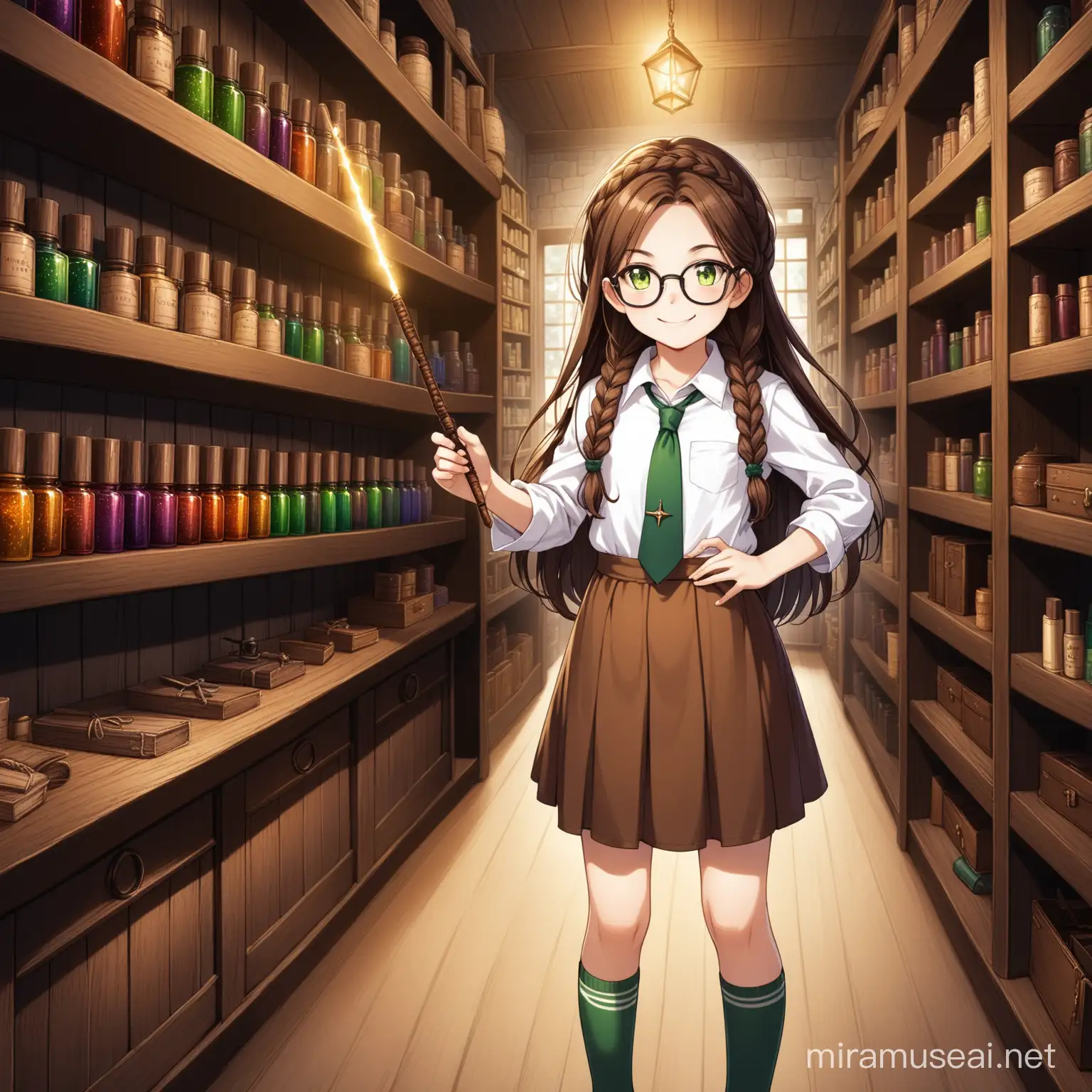 11 year old girl, long brown hair in a fishtail braid, brown scrunchie,  green eyes, smiling, black glasses, white shirt with a brown tie,  brown knee length skirt, brown loafers, white socks, smiling, in a witchcraft shop, holding a wand,  