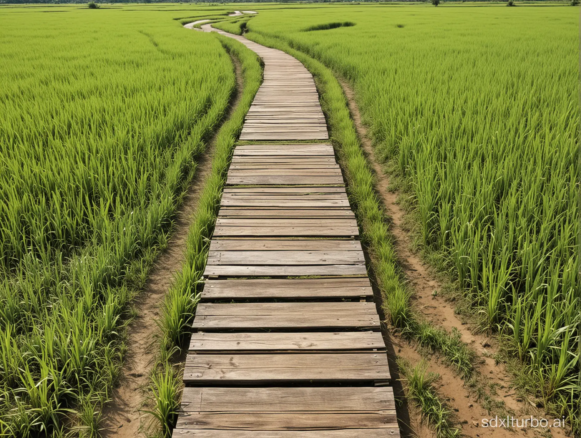 Wooden plank path paddy field