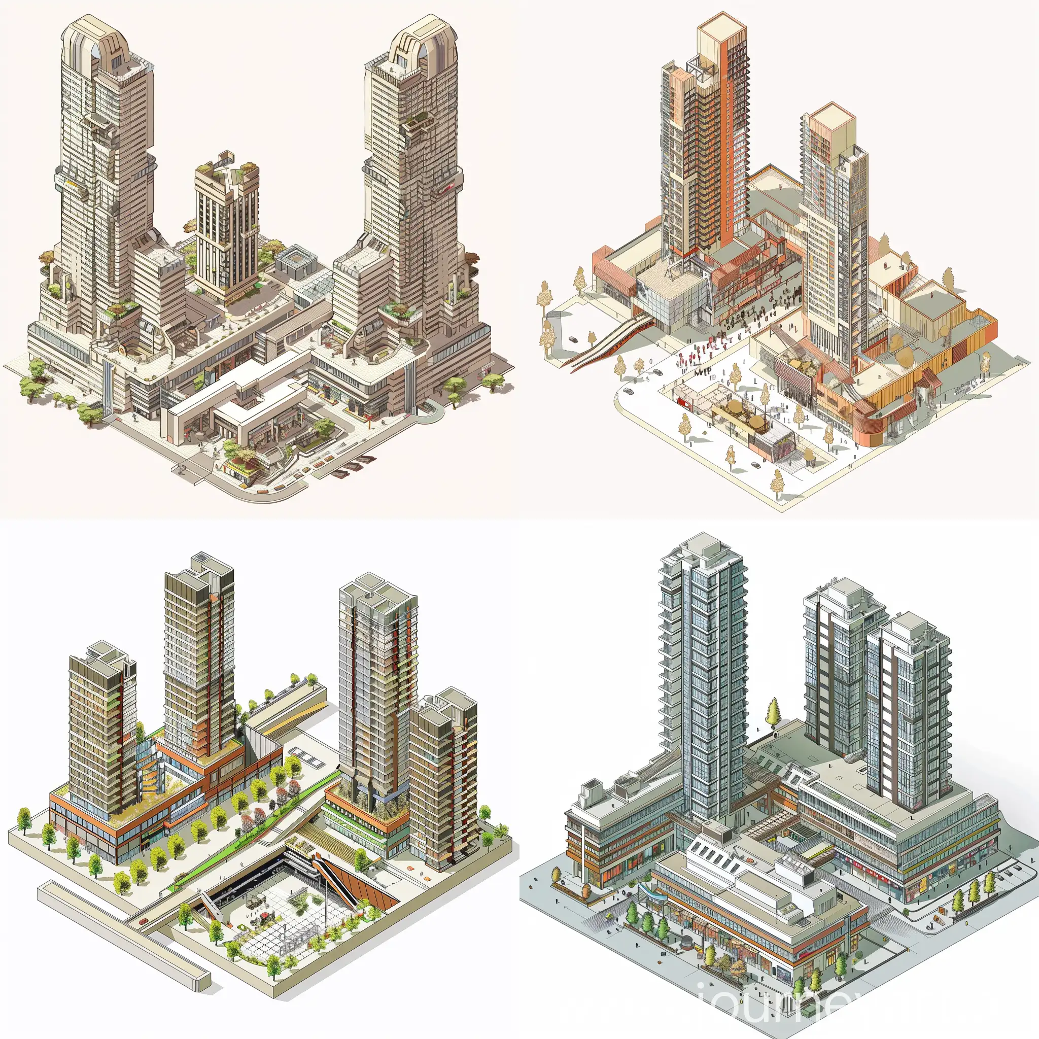 Una imagen en isométrico del diseño de  un edificio híbrido, que los dos primeros niveles sean un centro comercial , y 2 edificios altos, al estilo moderno que una los edificios con puentes, con un estilo de deconstructivismo