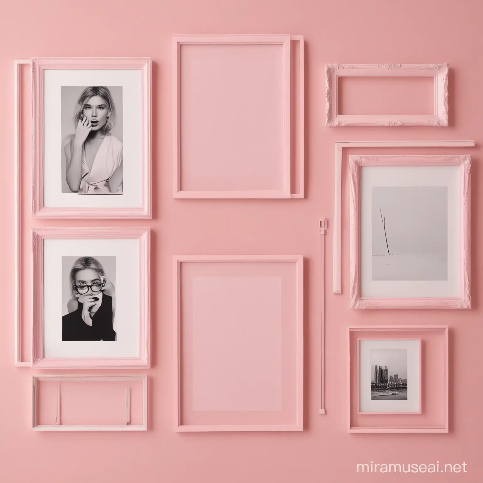  8 wall frames in which 6 are a4 size and the rest are 1000x1000 pixels, pink aesthetic

